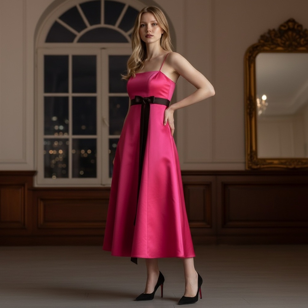 Alfred Angelo 2 Fuchsia Black Satin Midi Bridemaid Prom Formal 6133 A-Line Dress